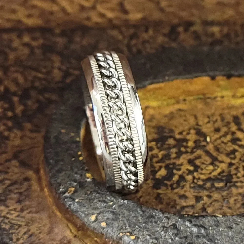 Men's Silver Chain Spinner Promise Ring Band - Anxiety Fidget Ring